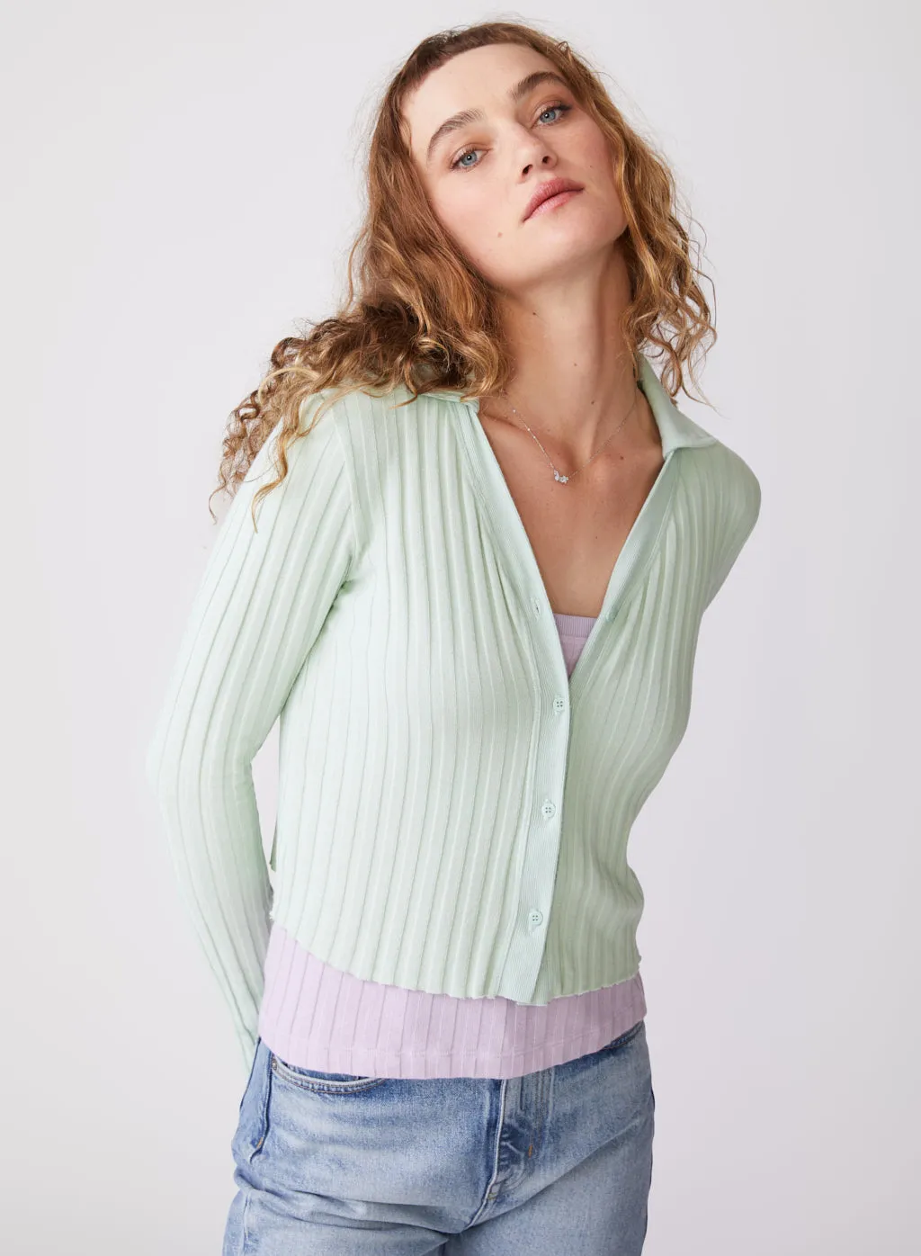 Stateside Farmboy Rib Cropped Collared Cardigan in Honeydew