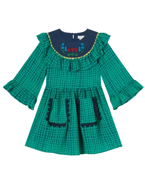 STELLA MCCARTNEY KIDS Green Check Viscose Ruffle Sleeve Dress