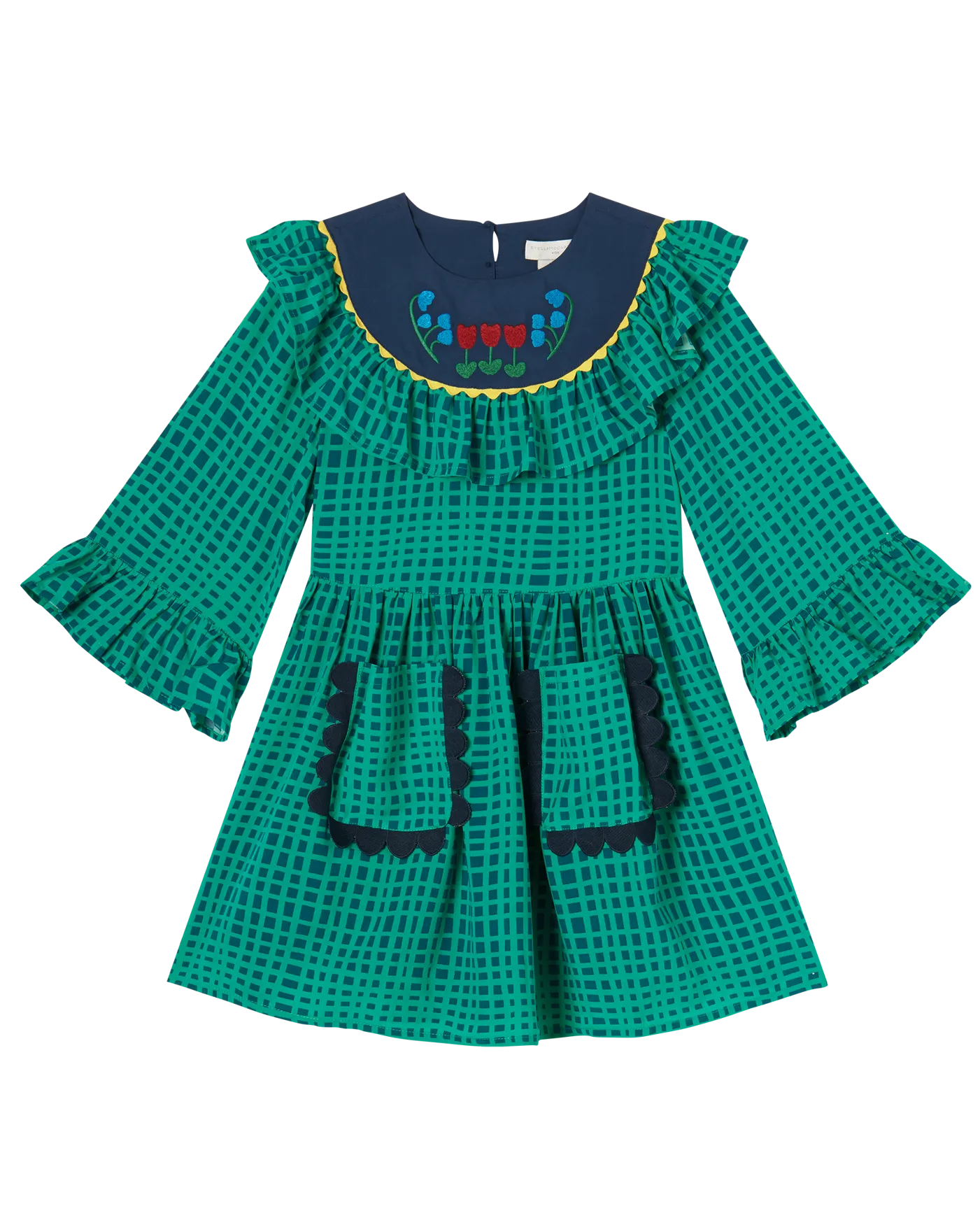 STELLA MCCARTNEY KIDS Green Check Viscose Ruffle Sleeve Dress