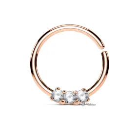 Surgical Steel Bendable Hoop Ring with 3 CZ Prong Set - Rose Gold