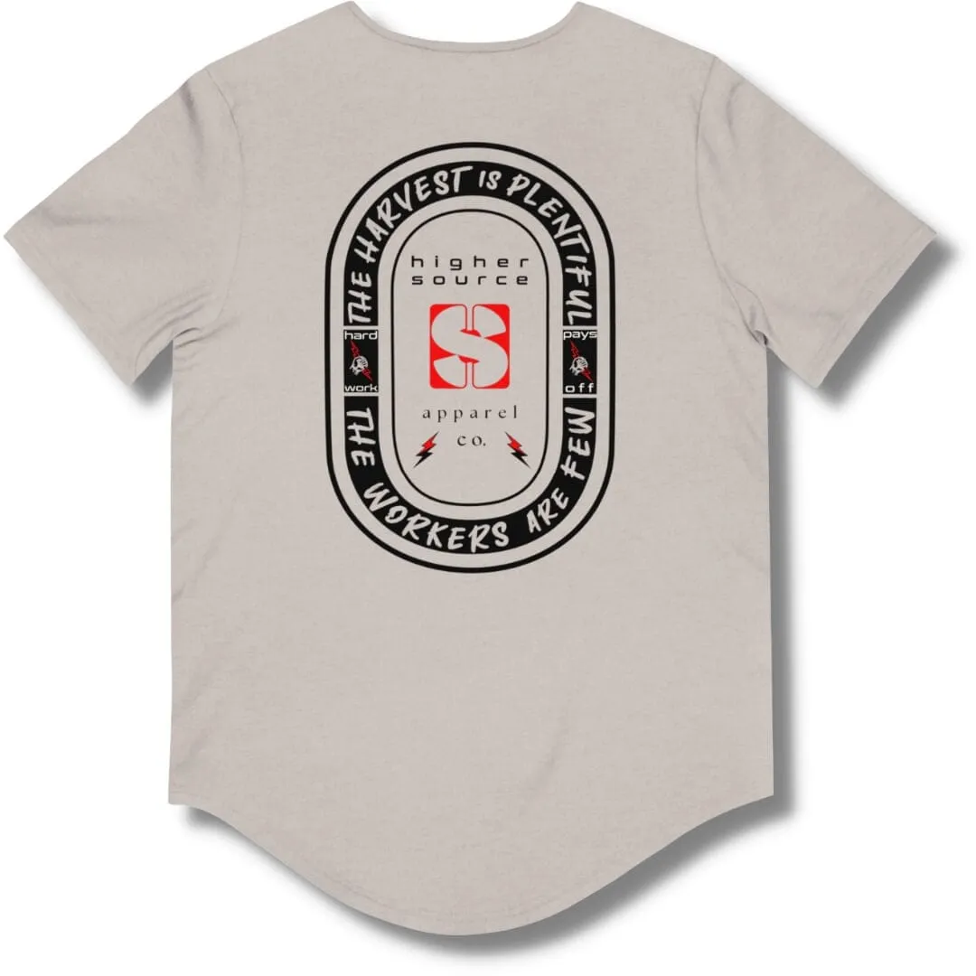 The Workers Are Few Curved Hem T Shirt - Cool Grey / Heather - Black / Red