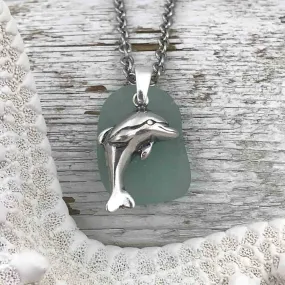 Thick Aqua Sea Glass Pendant with Sterling Silver Dolphin Charm | #1045