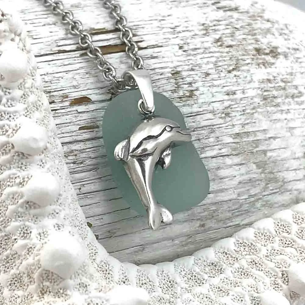 Thick Aqua Sea Glass Pendant with Sterling Silver Dolphin Charm | #1045