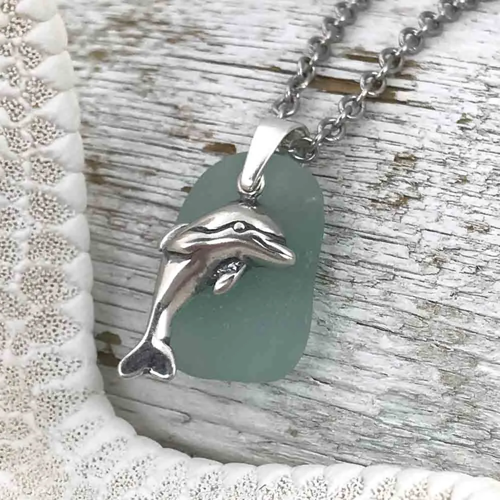 Thick Aqua Sea Glass Pendant with Sterling Silver Dolphin Charm | #1045