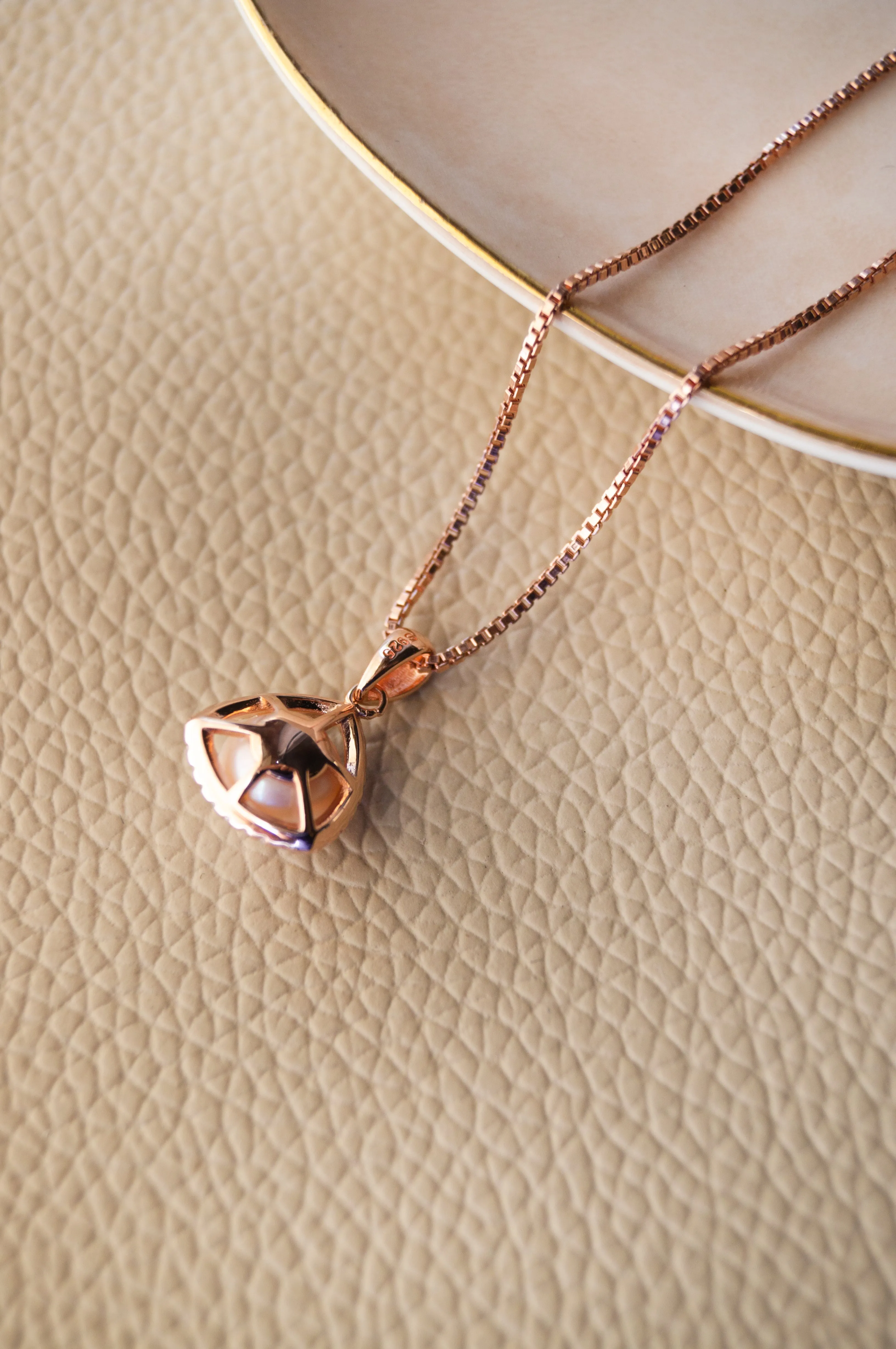 Triangular Pearl Rose Gold Plated Sterling Silver Pendant Set