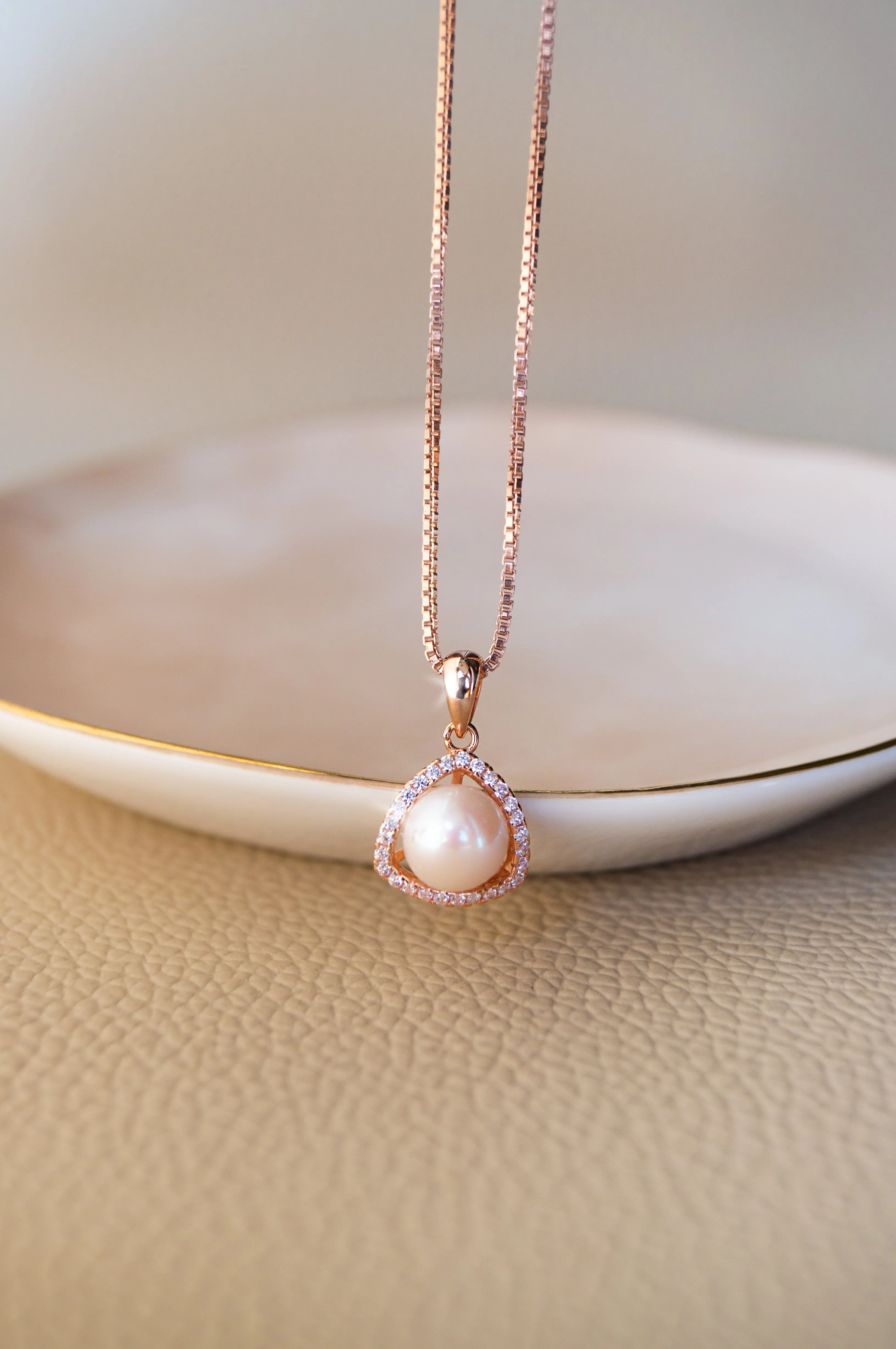 Triangular Pearl Rose Gold Plated Sterling Silver Pendant Set