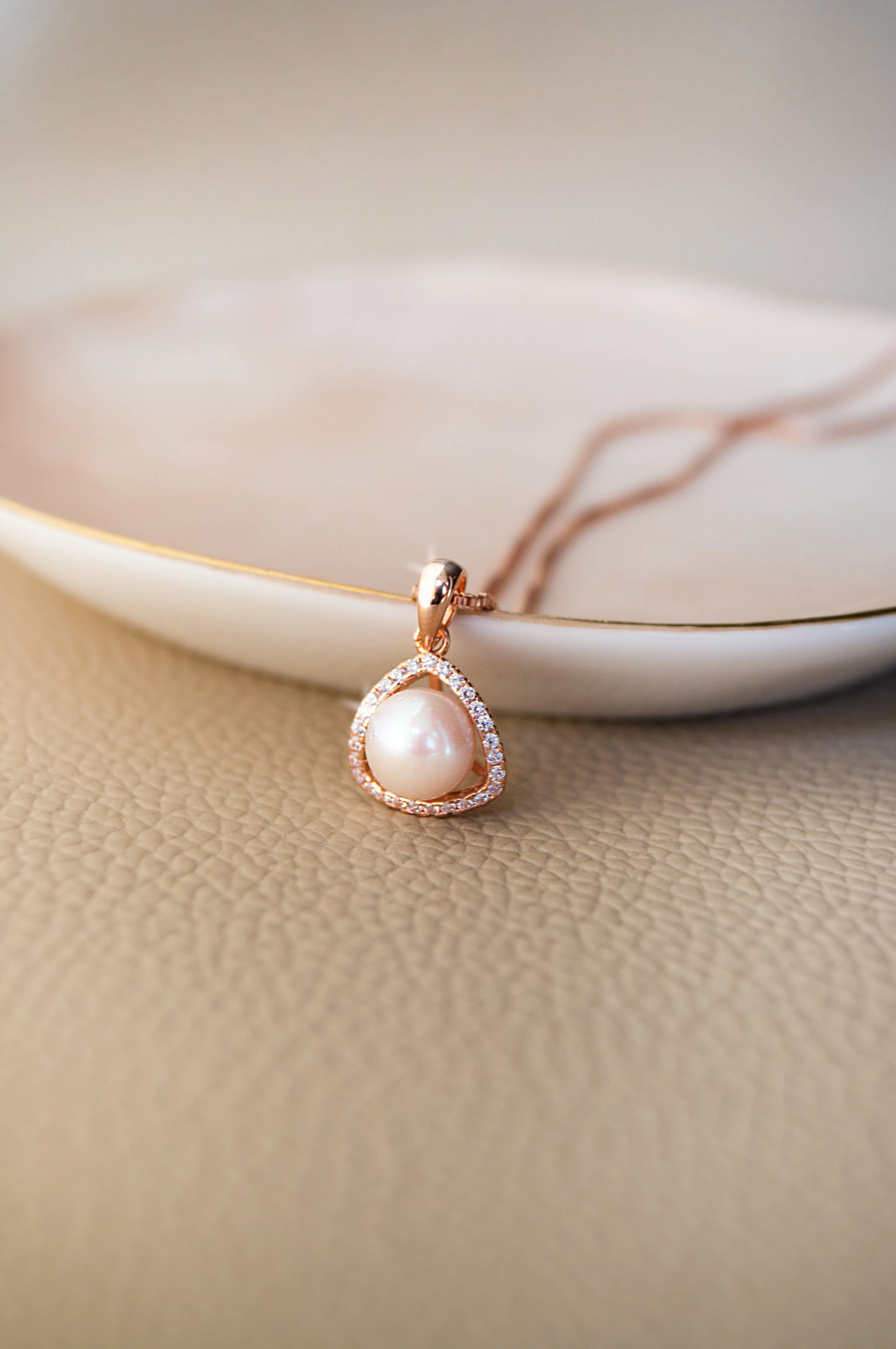 Triangular Pearl Rose Gold Plated Sterling Silver Pendant Set