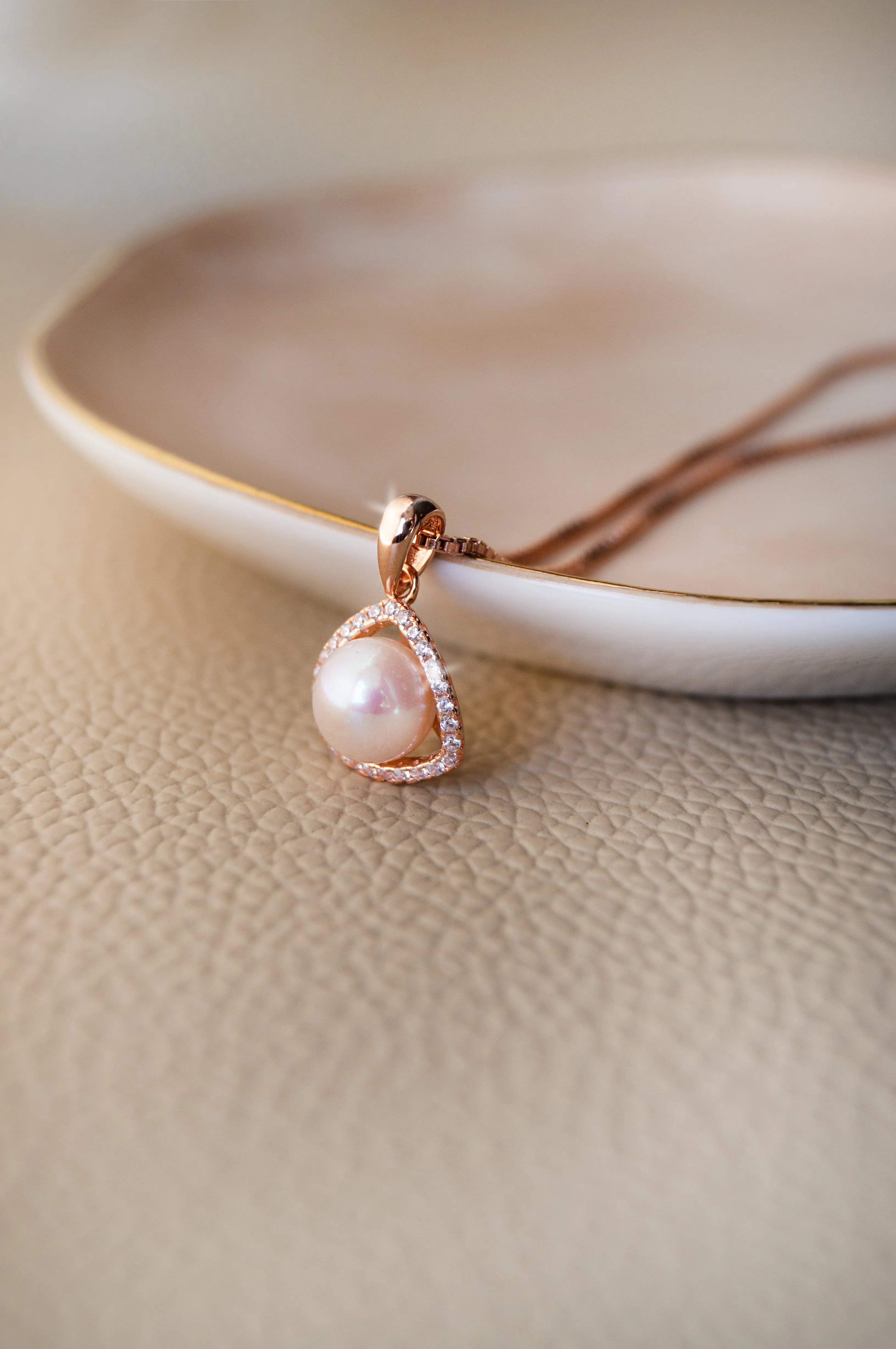 Triangular Pearl Rose Gold Plated Sterling Silver Pendant Set