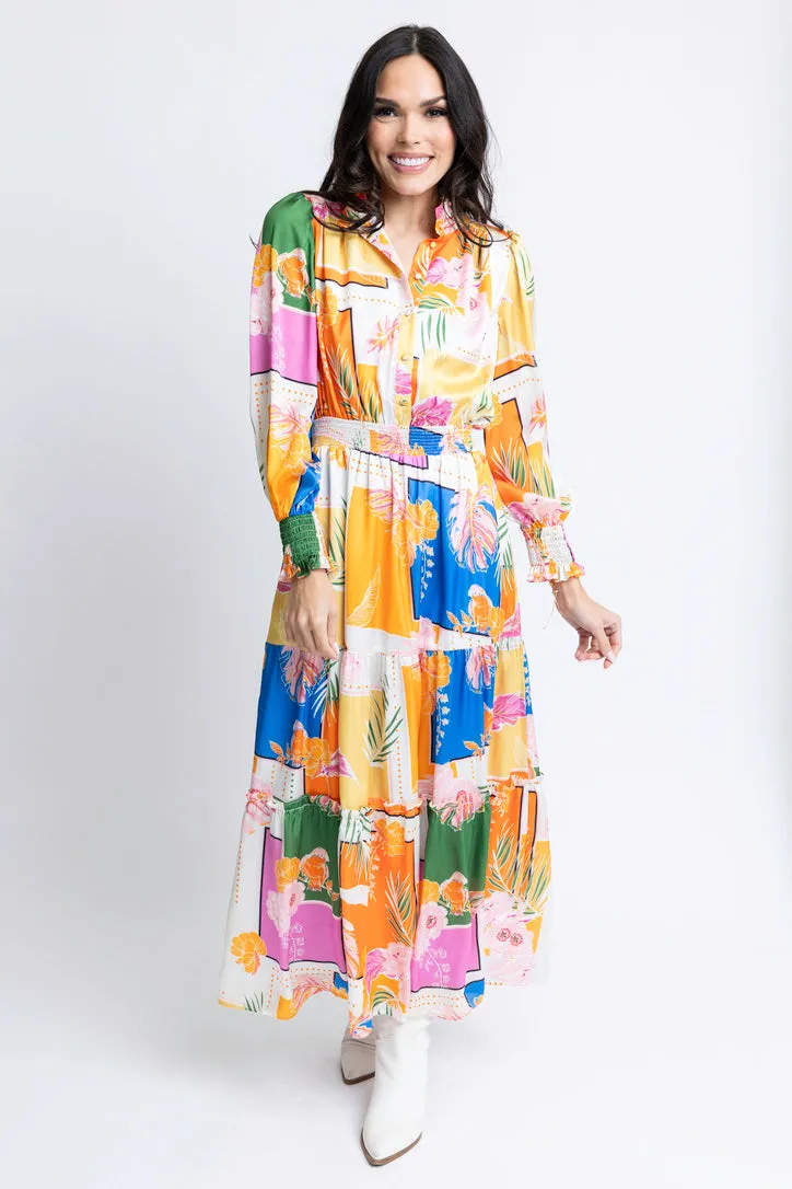 Troical Leaf Satin Maxi Dress