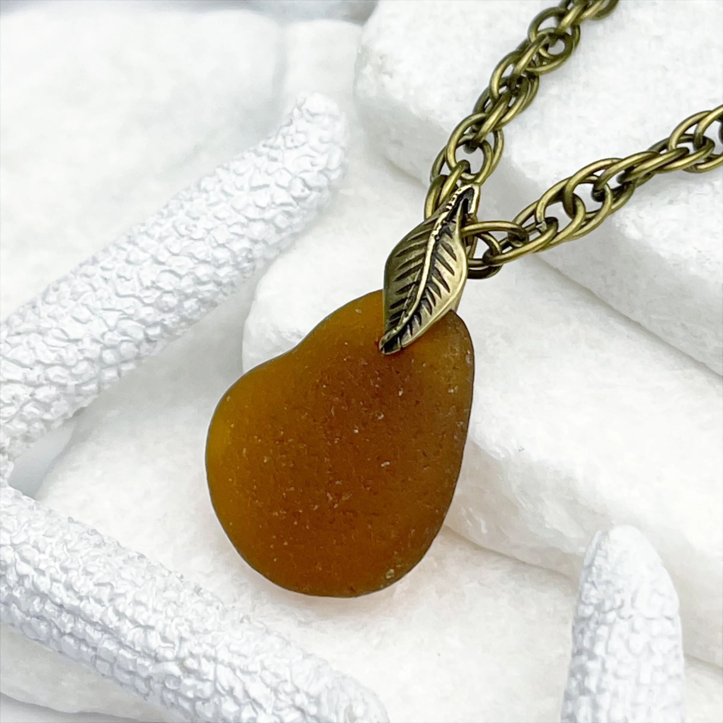 Tumbled Amber Sea Glass Pendant with Bronze Leaf Bail | #5058