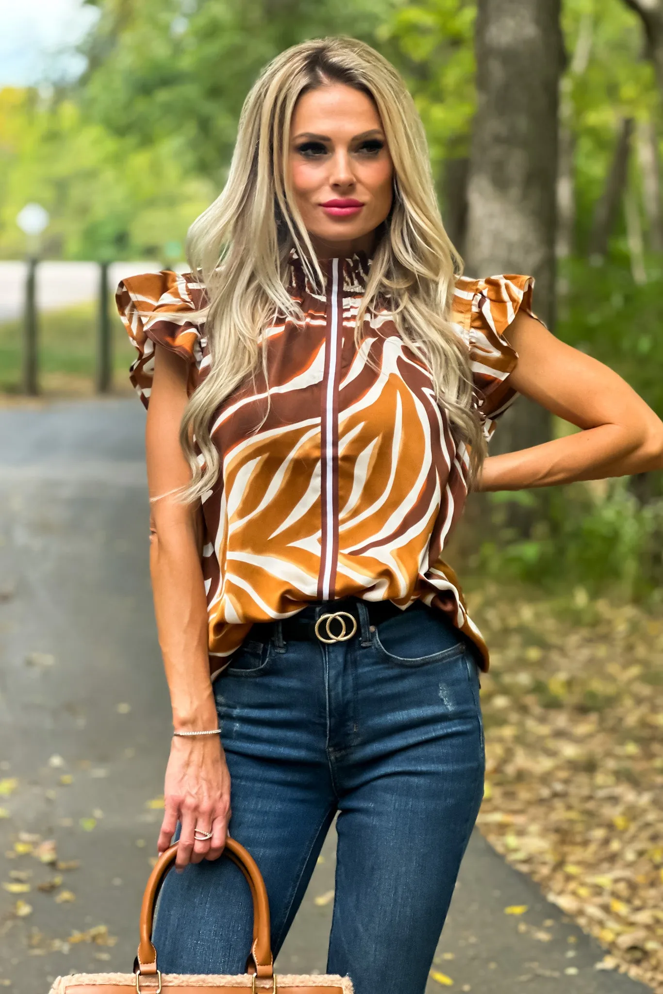 Wild At Heart Flutter Sleeve Animal Print Top : Brown/Cream