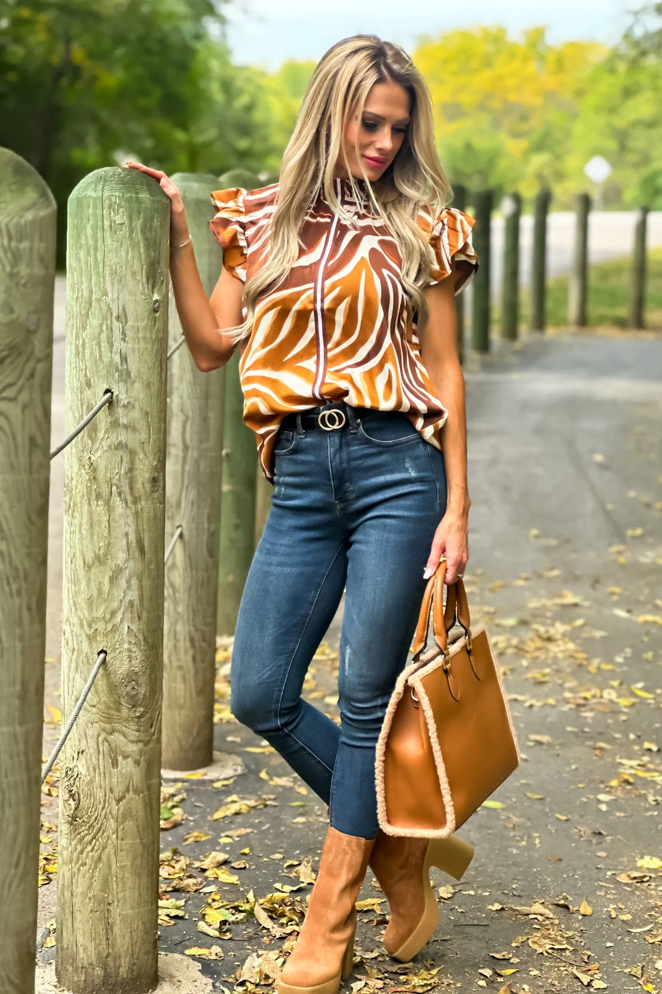 Wild At Heart Flutter Sleeve Animal Print Top : Brown/Cream