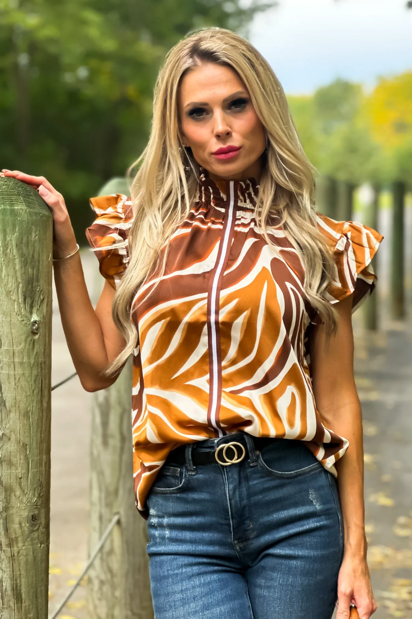 Wild At Heart Flutter Sleeve Animal Print Top : Brown/Cream